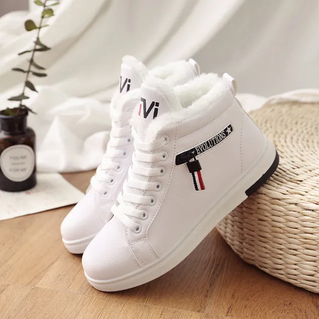 2019 Winter Boots Women Ankle Boots Warm PU Plush Winter Woman Shoes Sneakers Flats Lace Up Ladies Shoes Women Short Snow Boots