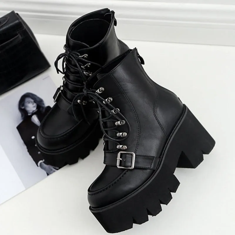 Boussac Lace up Platform Boots Women Black Goth Boots Ankle Boots for Women Buckle Strap High Heel Martin Boots Women SWE0279