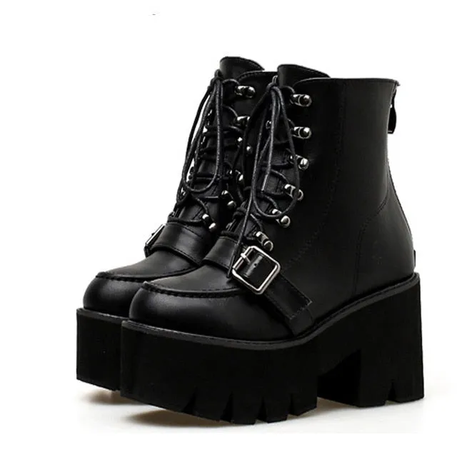 Boussac Lace up Platform Boots Women Black Goth Boots Ankle Boots for Women Buckle Strap High Heel Martin Boots Women SWE0279