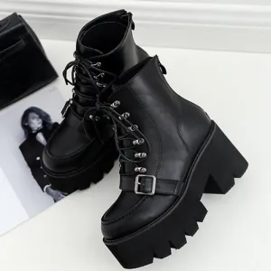 Boussac Lace up Platform Boots Women Black Goth Boots Ankle Boots for Women Buckle Strap High Heel Martin Boots Women SWE0279