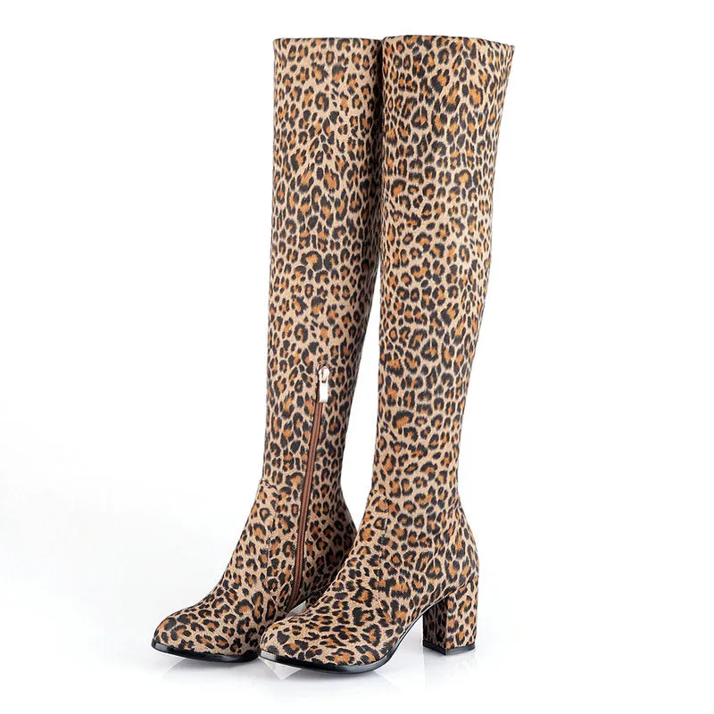Fashion Knee High Boots Women's Winter Boots Thick High Heels Long Boots Round Slip On Spring Autumn Shoes Woman Black White