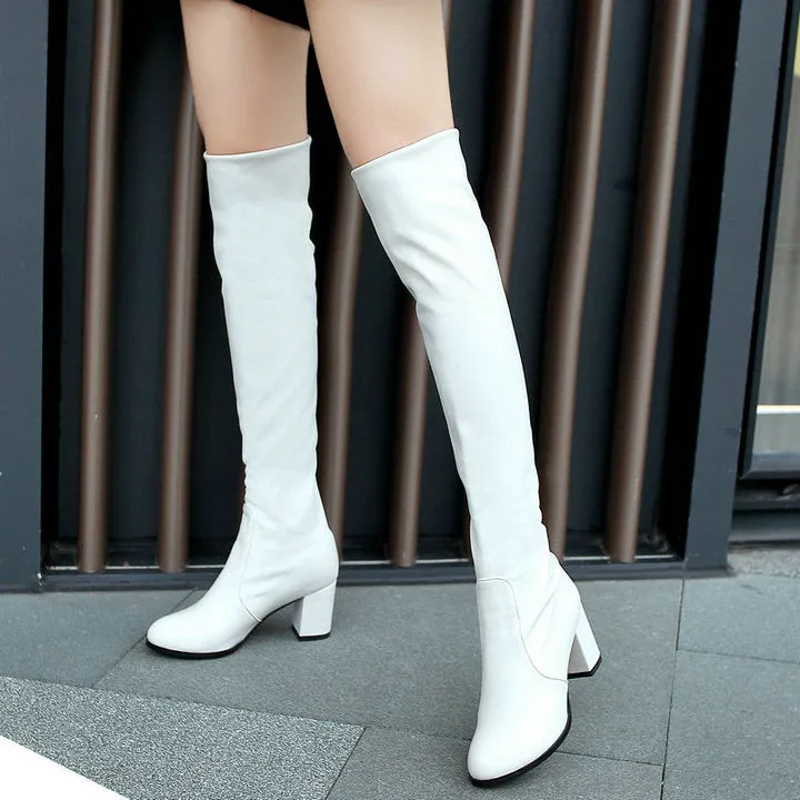 Fashion Knee High Boots Women's Winter Boots Thick High Heels Long Boots Round Slip On Spring Autumn Shoes Woman Black White