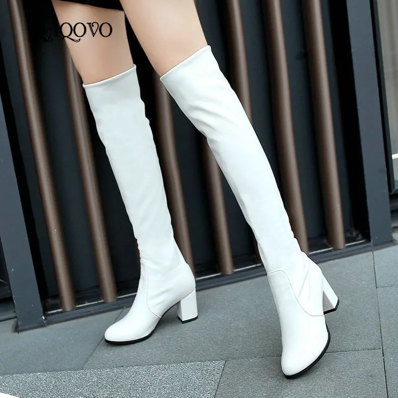 Fashion Knee High Boots Women's Winter Boots Thick High Heels Long Boots Round Slip On Spring Autumn Shoes Woman Black White
