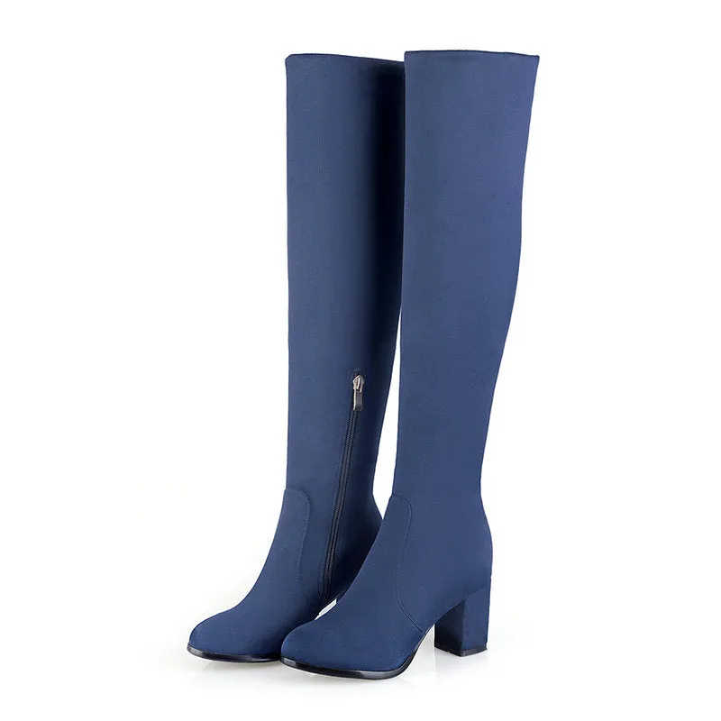 Fashion Knee High Boots Women's Winter Boots Thick High Heels Long Boots Round Slip On Spring Autumn Shoes Woman Black White