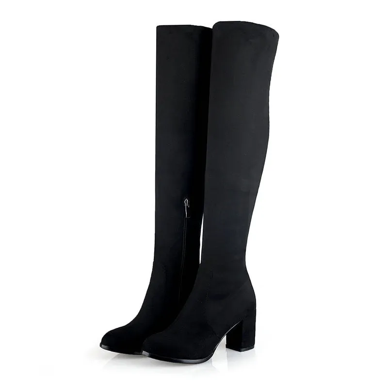 Fashion Knee High Boots Women's Winter Boots Thick High Heels Long Boots Round Slip On Spring Autumn Shoes Woman Black White