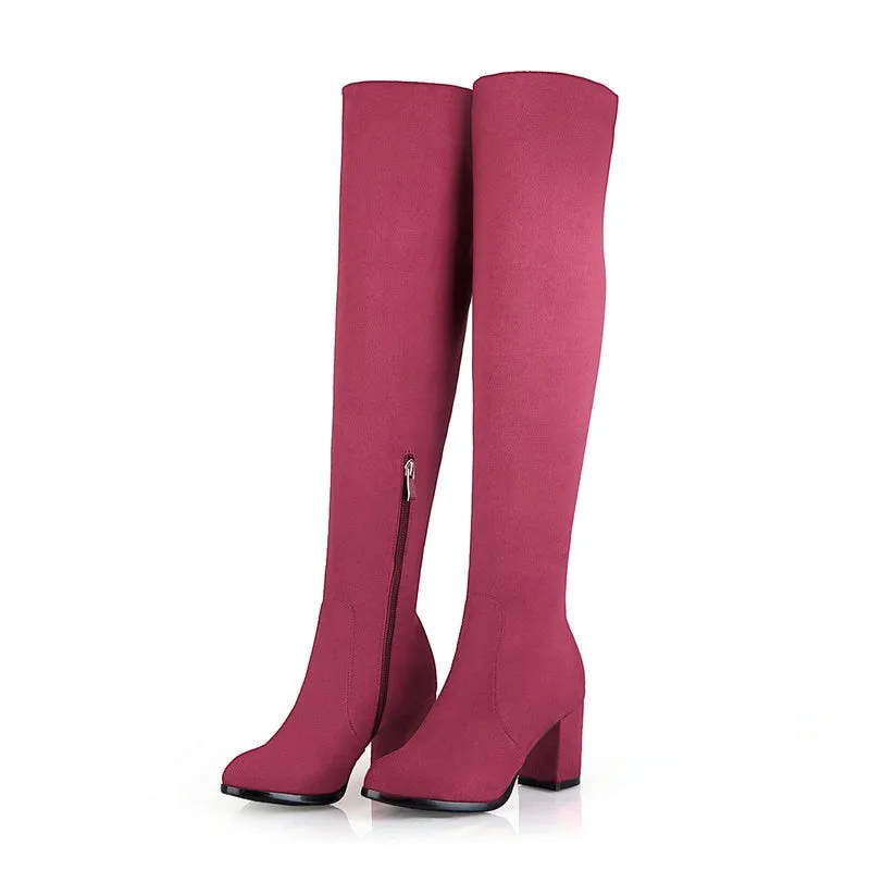 Fashion Knee High Boots Women's Winter Boots Thick High Heels Long Boots Round Slip On Spring Autumn Shoes Woman Black White