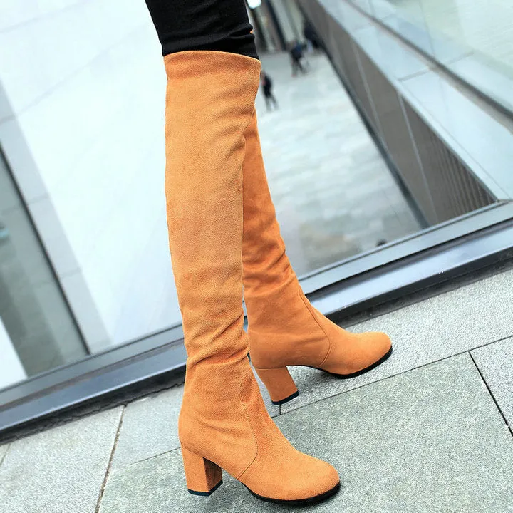 Fashion Knee High Boots Women's Winter Boots Thick High Heels Long Boots Round Slip On Spring Autumn Shoes Woman Black White