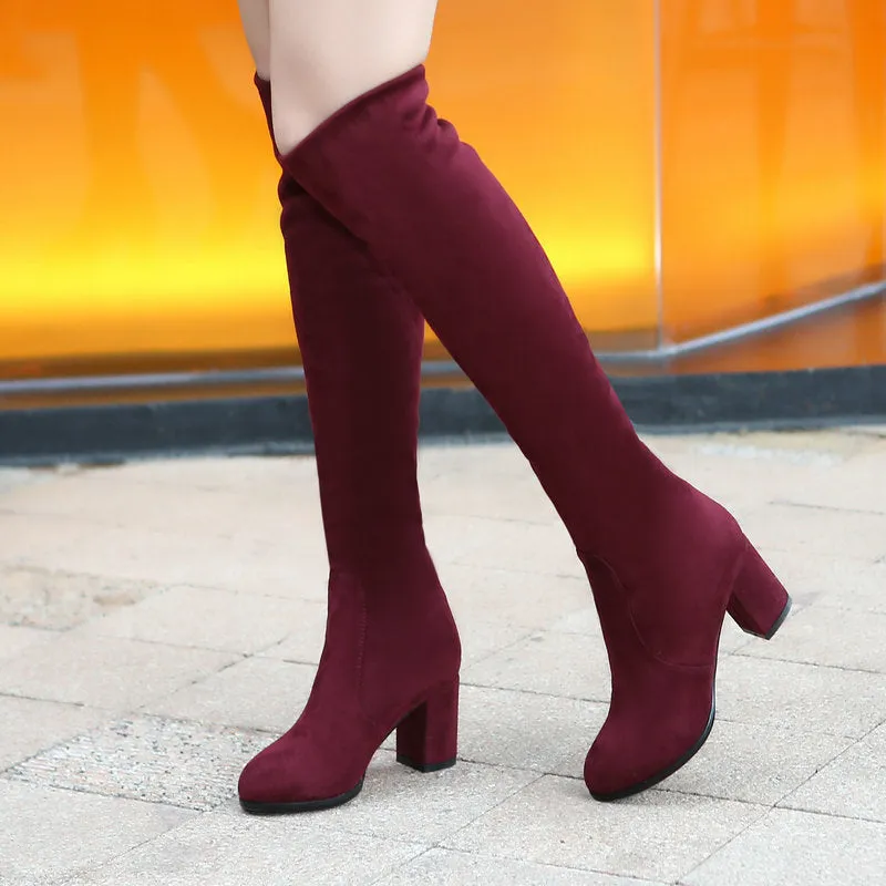 Fashion Knee High Boots Women's Winter Boots Thick High Heels Long Boots Round Slip On Spring Autumn Shoes Woman Black White