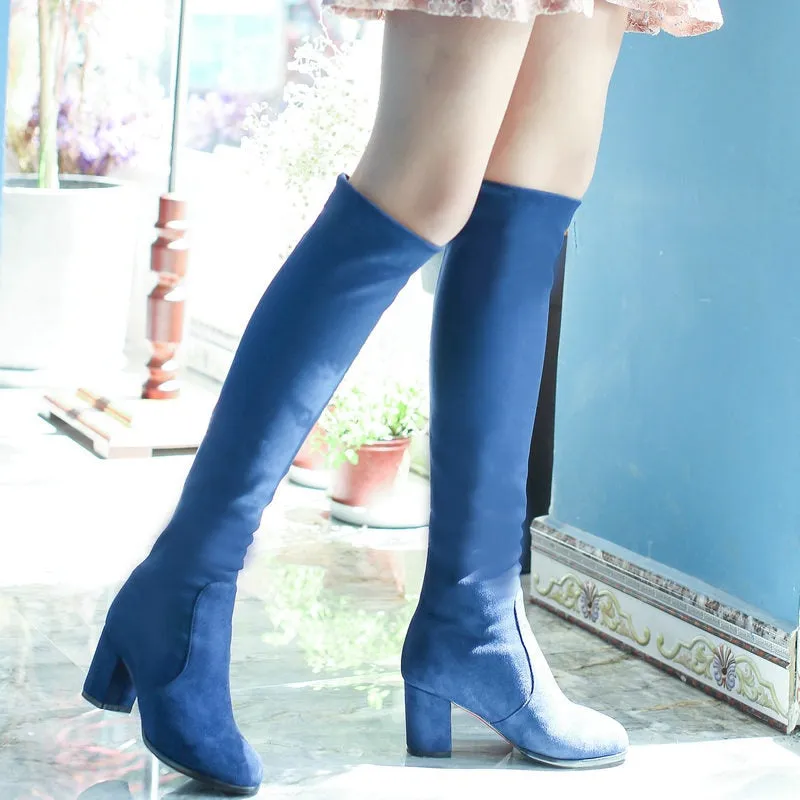 Fashion Knee High Boots Women's Winter Boots Thick High Heels Long Boots Round Slip On Spring Autumn Shoes Woman Black White