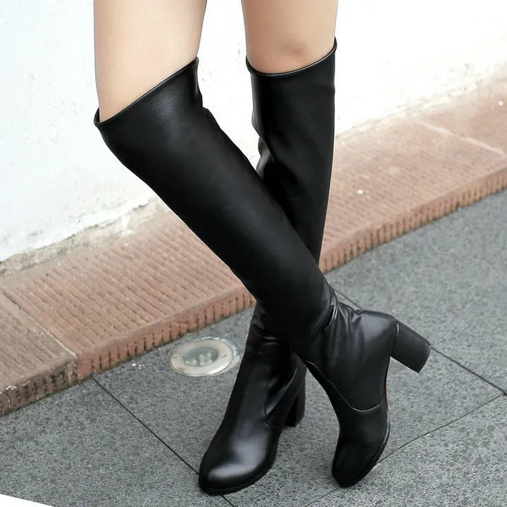 Fashion Knee High Boots Women's Winter Boots Thick High Heels Long Boots Round Slip On Spring Autumn Shoes Woman Black White