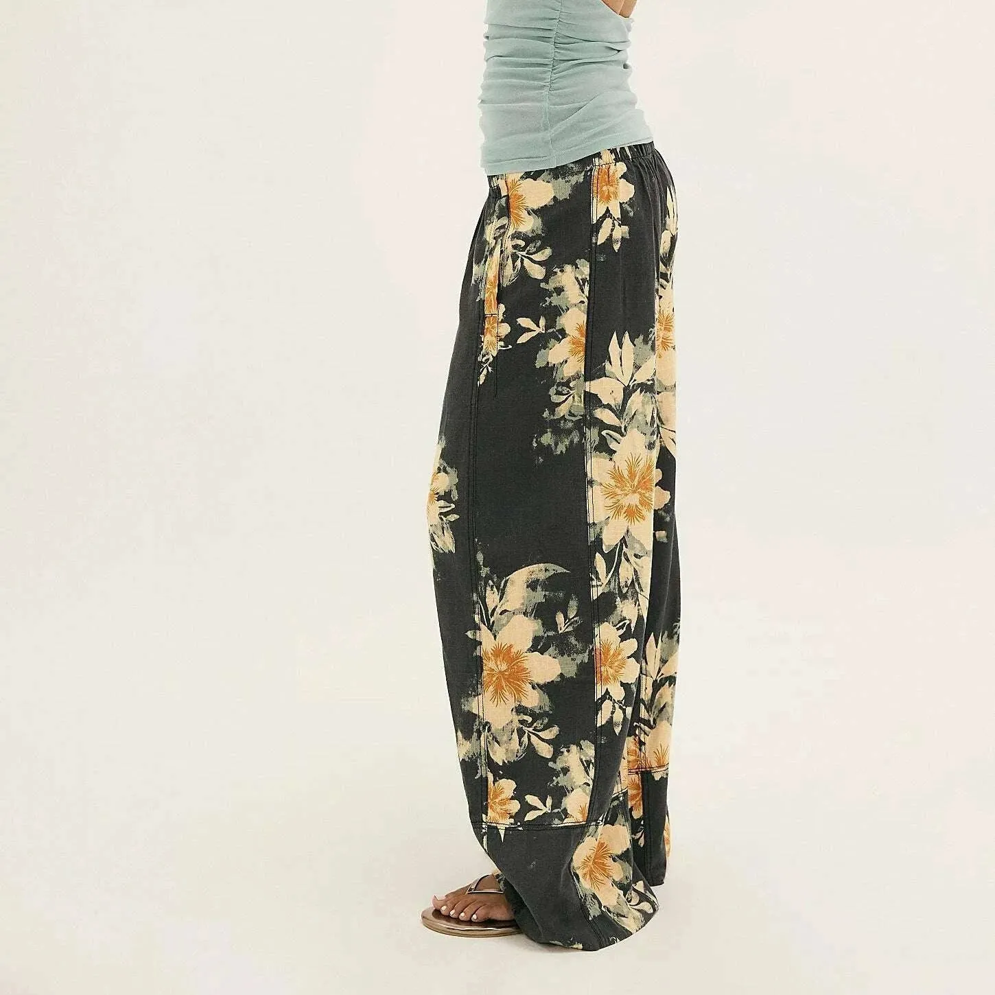 FREE PEOPLE - Day's End Linen Printed Pull-On Pant - Washed Black Combo Floral