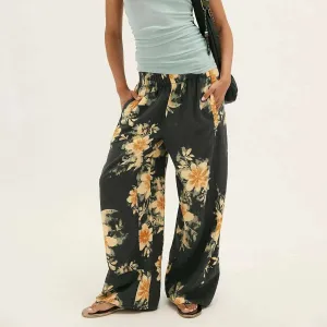 FREE PEOPLE - Day's End Linen Printed Pull-On Pant - Washed Black Combo Floral