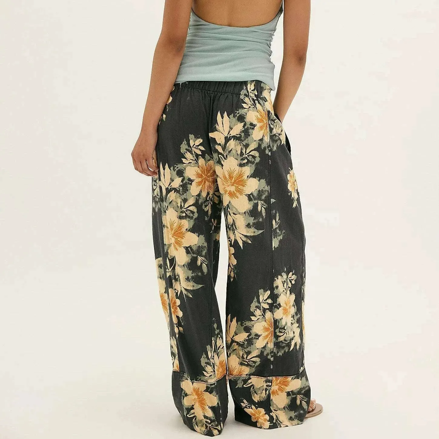 FREE PEOPLE - Day's End Linen Printed Pull-On Pant - Washed Black Combo Floral