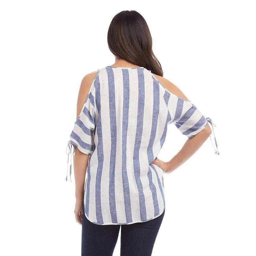 Karen Kane - Cold Shoulder Tie Sleeve Top - Stripe