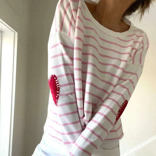 Pink Pineapple - Pink Striped Sweater w Valentine Patches