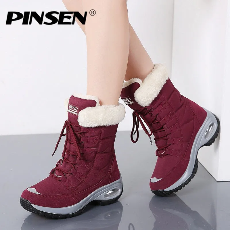 PINSEN New Winter Women Boots High Quality Keep Warm Mid-Calf Snow Boots Women Lace-up Comfortable Ladies Boots chaussures femme