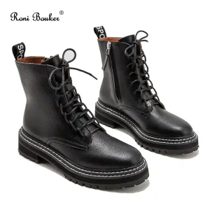 Roni Bouker Hot Women's Winter Ankle Black Boots Woman Lace Up Vintage Booties Women Short Martin Boot Fashion Ladies Shoes