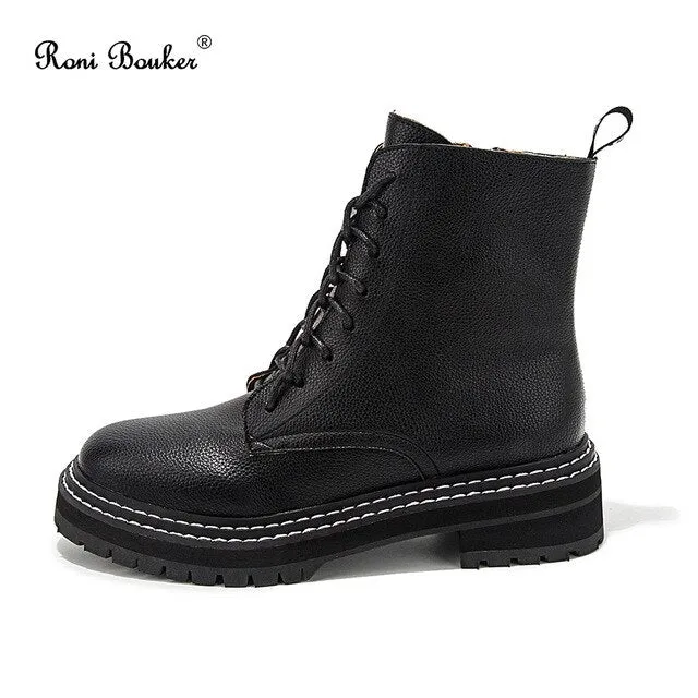 Roni Bouker Hot Women's Winter Ankle Black Boots Woman Lace Up Vintage Booties Women Short Martin Boot Fashion Ladies Shoes