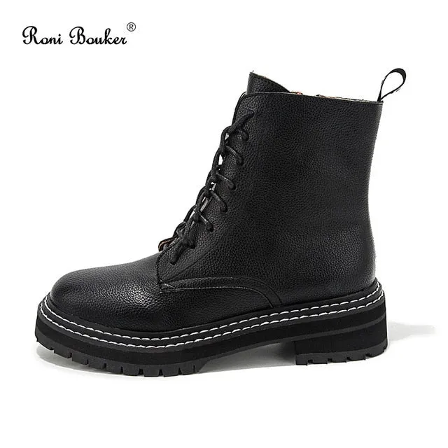 Roni Bouker Hot Women's Winter Ankle Black Boots Woman Lace Up Vintage Booties Women Short Martin Boot Fashion Ladies Shoes