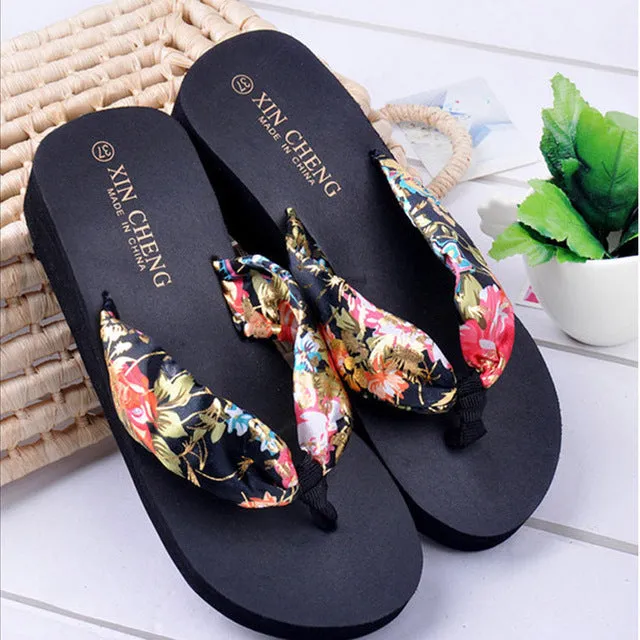 shoes Woman Bohemia Floral Beach Sandals Wedge Platform Thongs Slippers Flip Flops zapatos de mujer