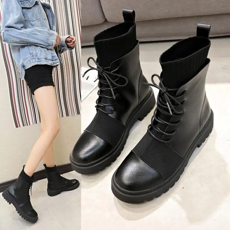 Spring Boots Women Shoes Woman Boots Fashion Flat Round PU Ankle Boots 2019 Spring Elastic Lace Black Boots Comfortable Boots
