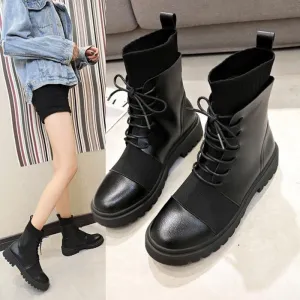 Spring Boots Women Shoes Woman Boots Fashion Flat Round PU Ankle Boots 2019 Spring Elastic Lace Black Boots Comfortable Boots