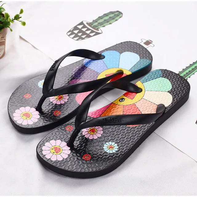 Summer Slippers Women Cute flower Flat Flip Flops Ladies Soft Slides Shoes Female Print Floral Bling Beach Casual Sandals