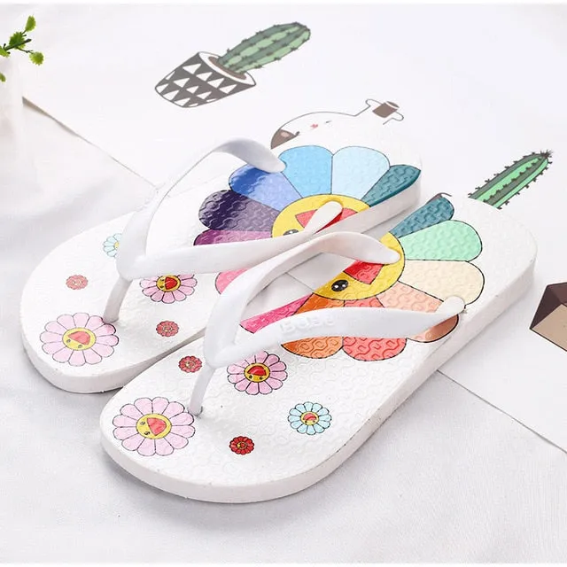Summer Slippers Women Cute flower Flat Flip Flops Ladies Soft Slides Shoes Female Print Floral Bling Beach Casual Sandals
