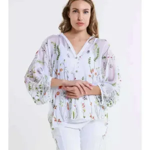 Tina Stephens - Garden Viola 3/4 Sleeve Blouse - White