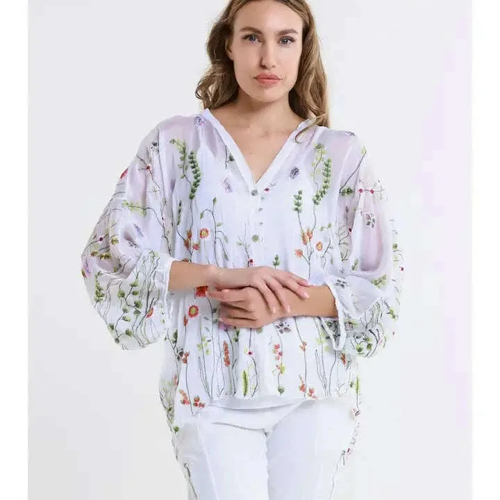 Tina Stephens - Garden Viola 3/4 Sleeve Blouse - White